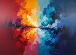 AI generated image (using NightCafe's HiDream I1 Fast): Abstract painting of in red and blue converging in the centre.